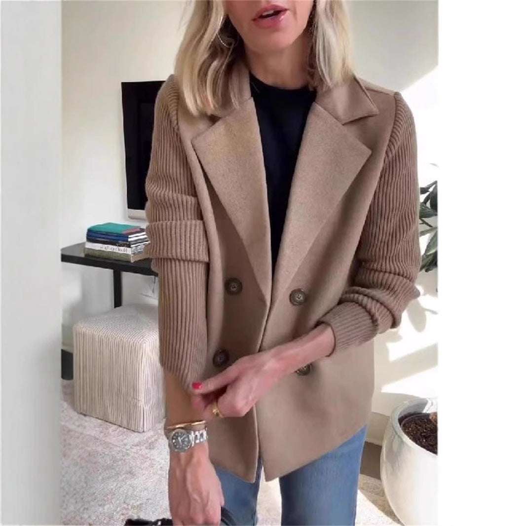 Women's Double Breasted Splicing Coat with Knitted Sleeves Double Breasted Lapel Jacket Fashion Kni | Ectron Online