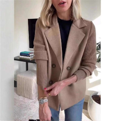 Women's Double Breasted Splicing Coat with Knitted Sleeves Double Breasted Lapel Jacket Fashion Kni | Ectron Online