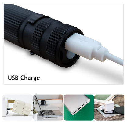 USB charging port on black flashlight with white charging cable connector.