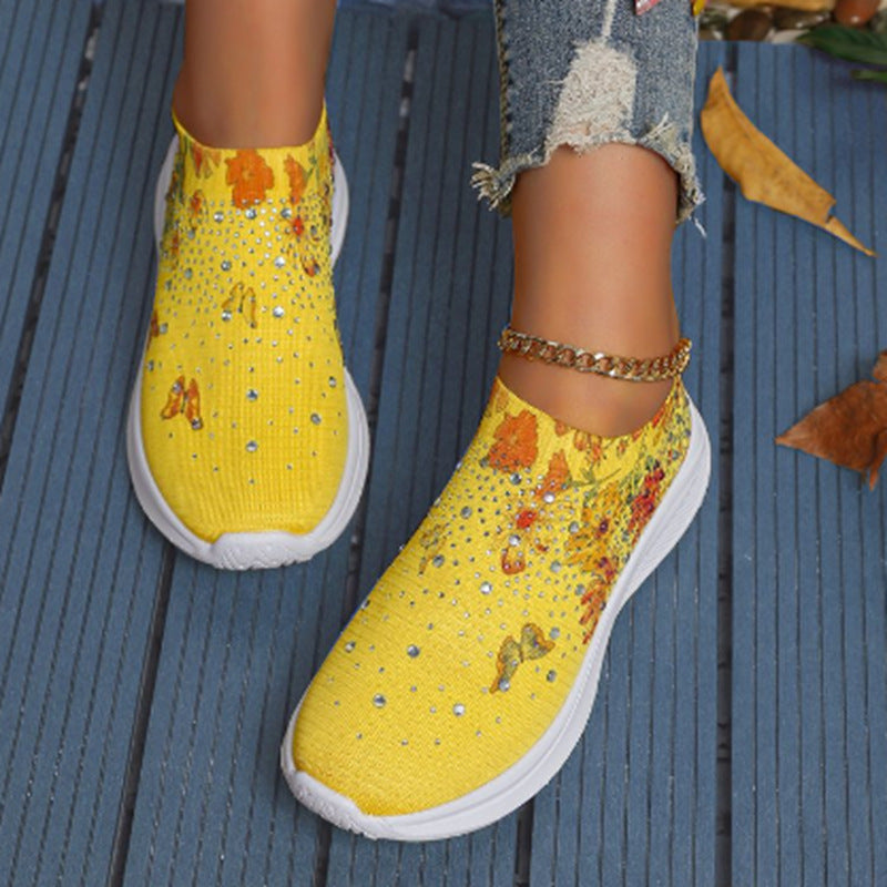Women's Rhinestone Mesh Sneakers – Breathable Flyknit Low Tops Large Size Printed Rhinestone Low Top Wo | Ectron Online