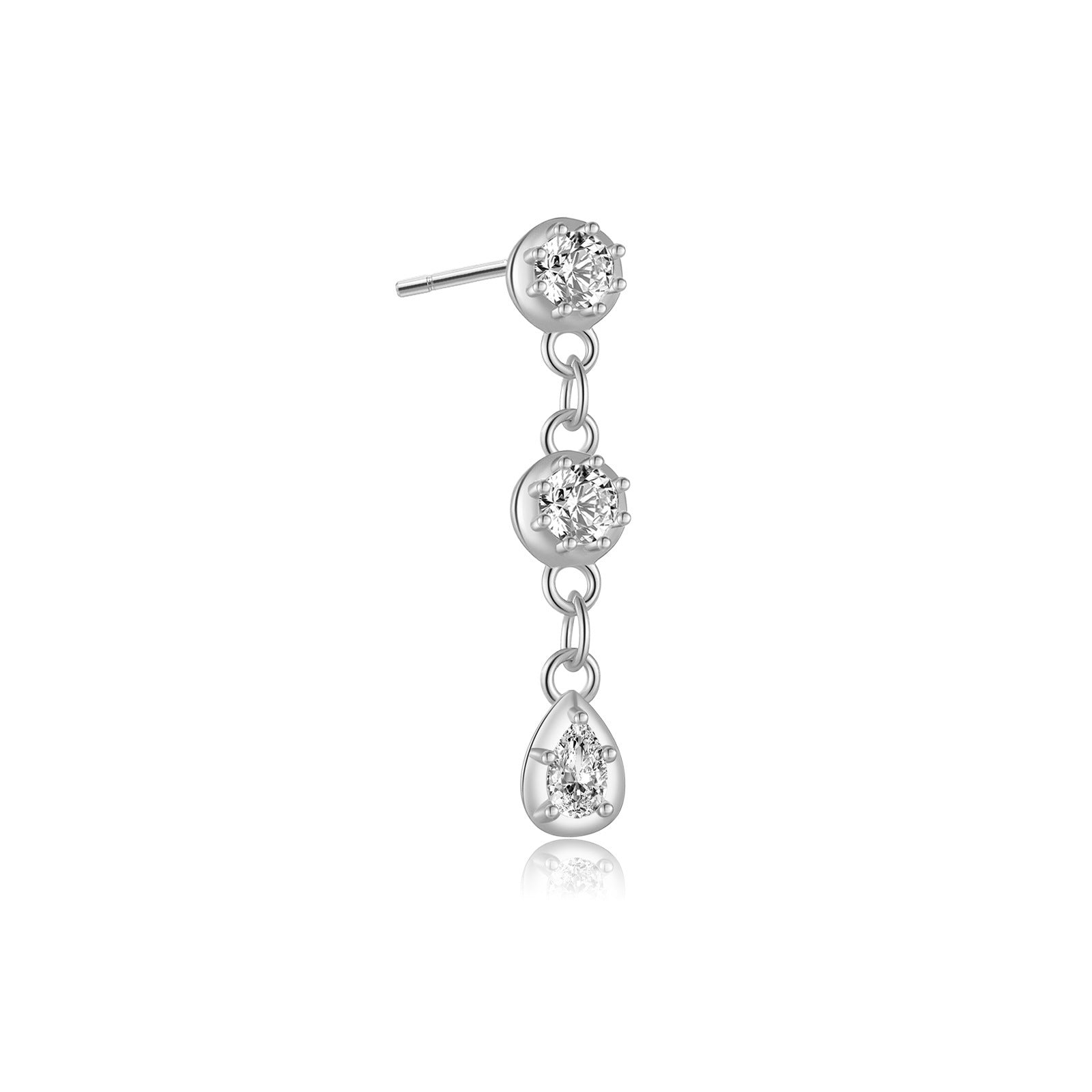 Silver tassel diamond drop stud earring with round crystal center and dangling teardrop