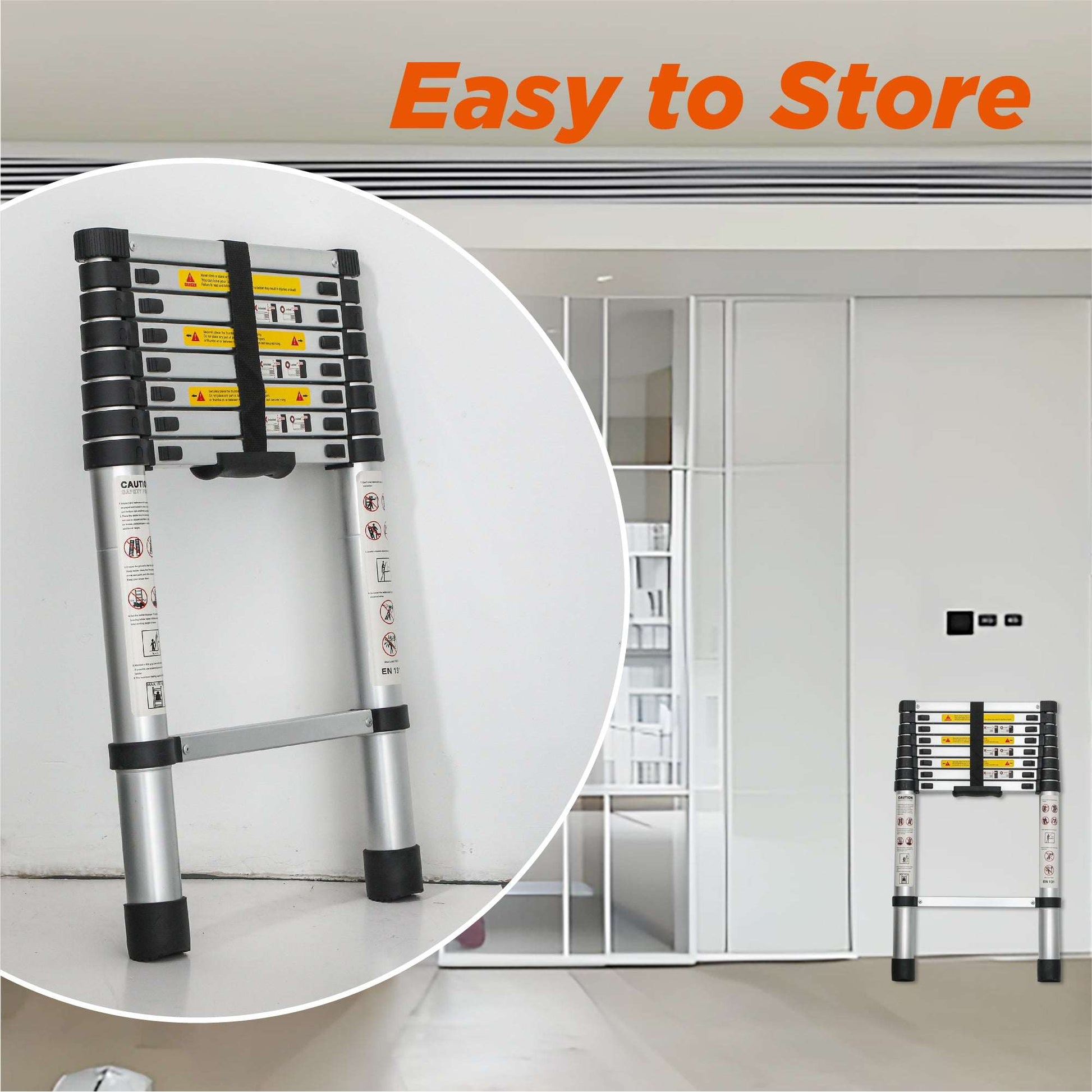 Portable aluminum telescoping ladder shown folded and compact for storage.