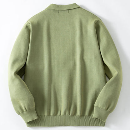 Green men’s sweater with shirt collar and ribbed hem and cuffs, back view