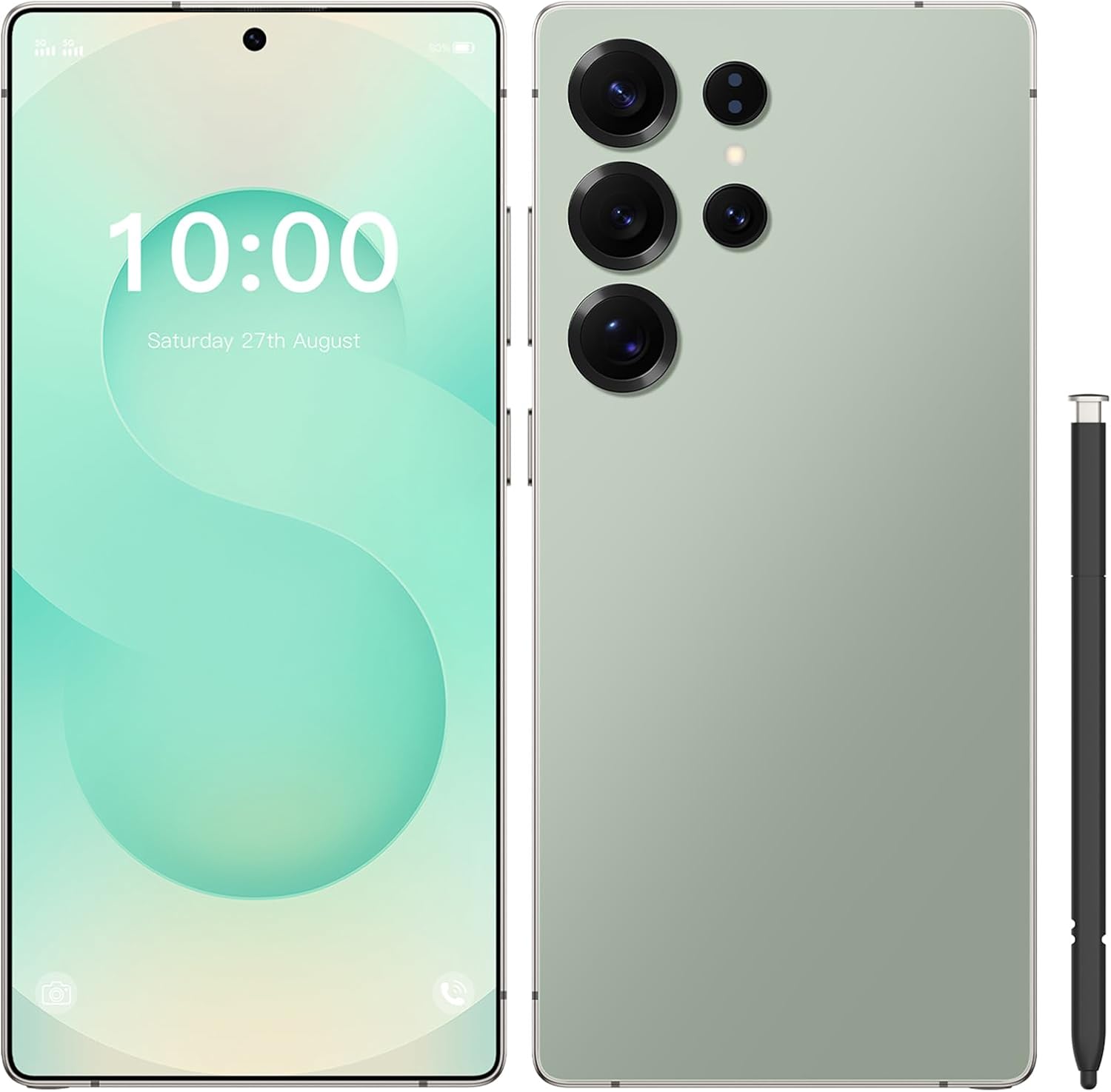 Unlocked smartphone with mint front screen and green-gray back, quad rear cameras
