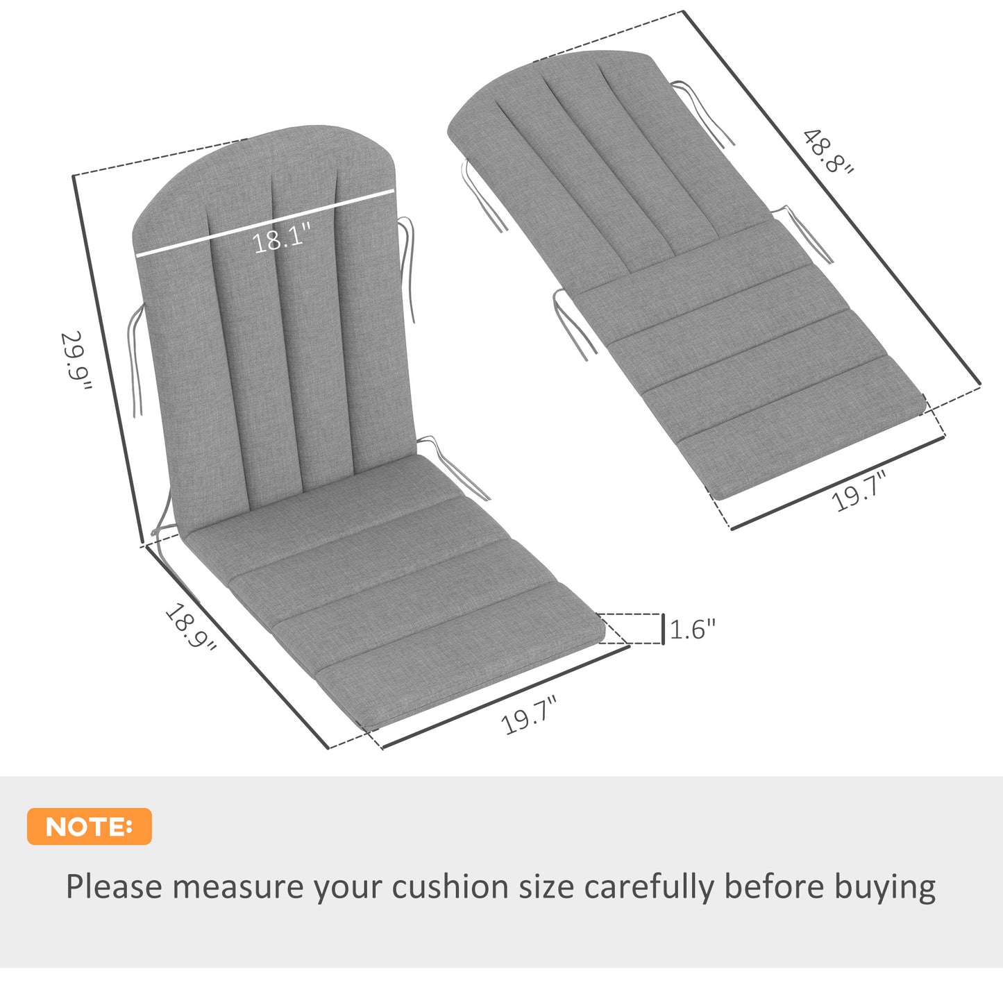 Gray high back chair cushion set with seat and back padding, size diagram