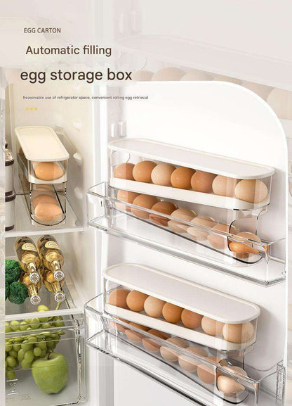 Egg storage box with eggs inside a refrigerator