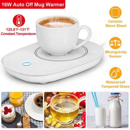 White electric mug warmer with ceramic coffee cup on round heating pad