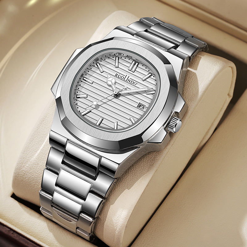 Men's luminous stainless steel watch with round silver dial and metal bracelet