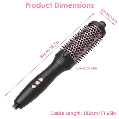 Black hot air styling brush with rose-gold bristle barrel, labeled product dimensions