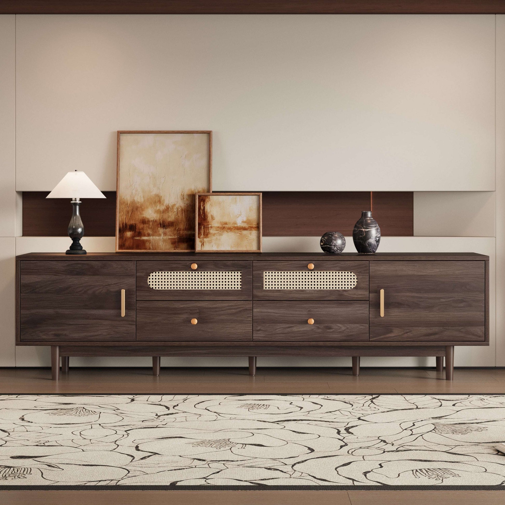 Dark brown TV stand with rattan drawer fronts, gold handles, and open center shelf