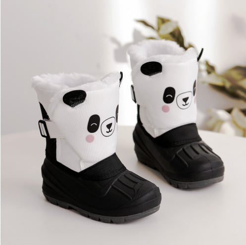 Kids winter snow boots in white with panda face design and black rubber shell