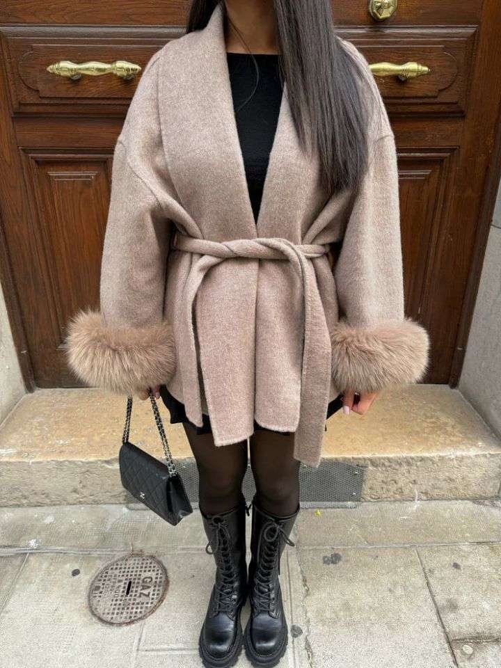 Furry Sleeves Long Coat - Elegant Warm Overcoat Style Furry Sleeves Overcoat Long Coat | Ectron Online