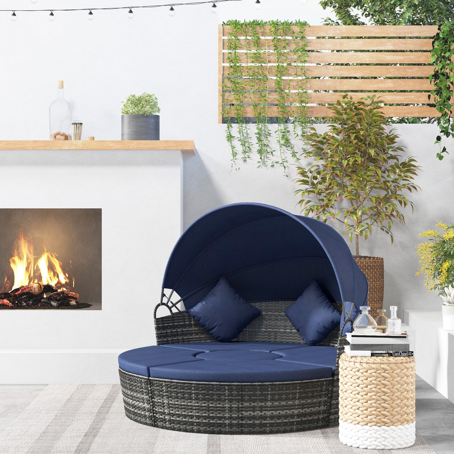 4-Piece Rattan Outdoor Sunbed & Sofa Set with Canopy - Dark Blue