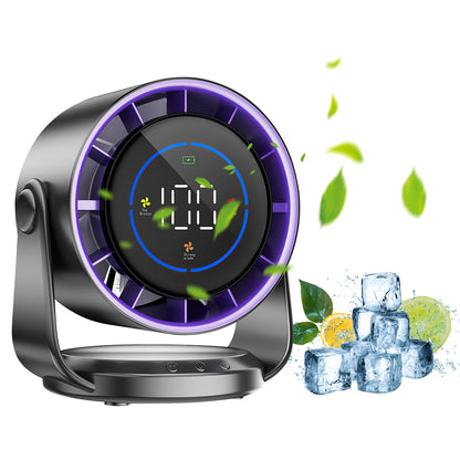 Rechargeable desk and wall fan with purple LED ring and black base, front view