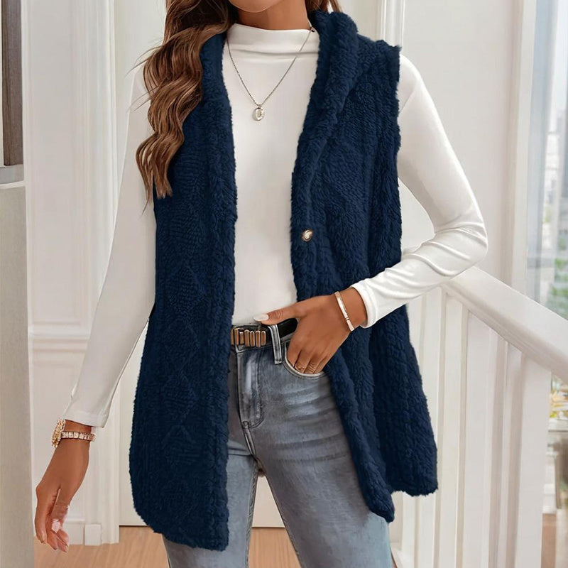 Women's Textured Hooded Vest | Button-Front Fall Layering Piece