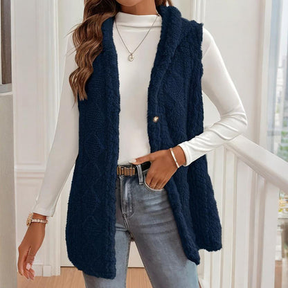 Women's Textured Hooded Vest | Button-Front Fall Layering Piece Women's Textured Sleeveless Hooded Vest, | Ectron Online