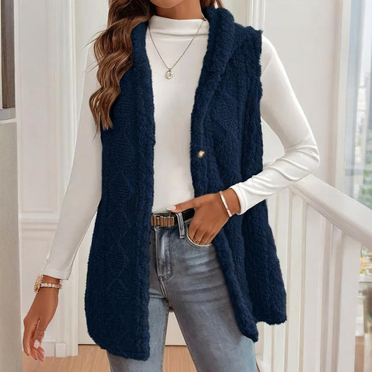 Women's Textured Hooded Vest | Button-Front Fall Layering Piece