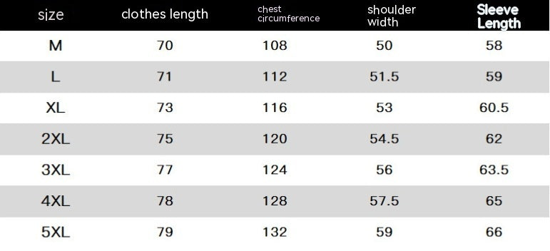 Size chart for clothes with measurements in centimeters