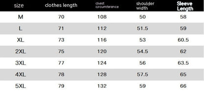 Size chart for clothes with measurements in centimeters