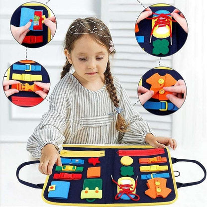 Child interacting with a colorful educational mat with various objects, surrounded by close-up insets of activities.