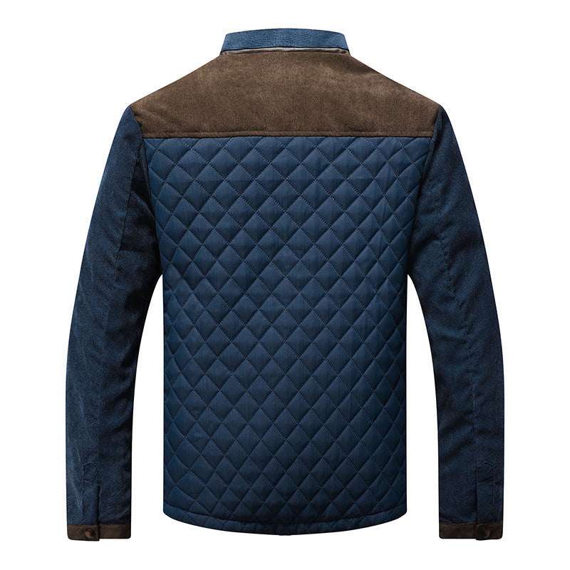 Quilted jacket with brown and blue color scheme on a white background