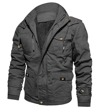 Gray jacket with multiple pockets and buttons on a white background