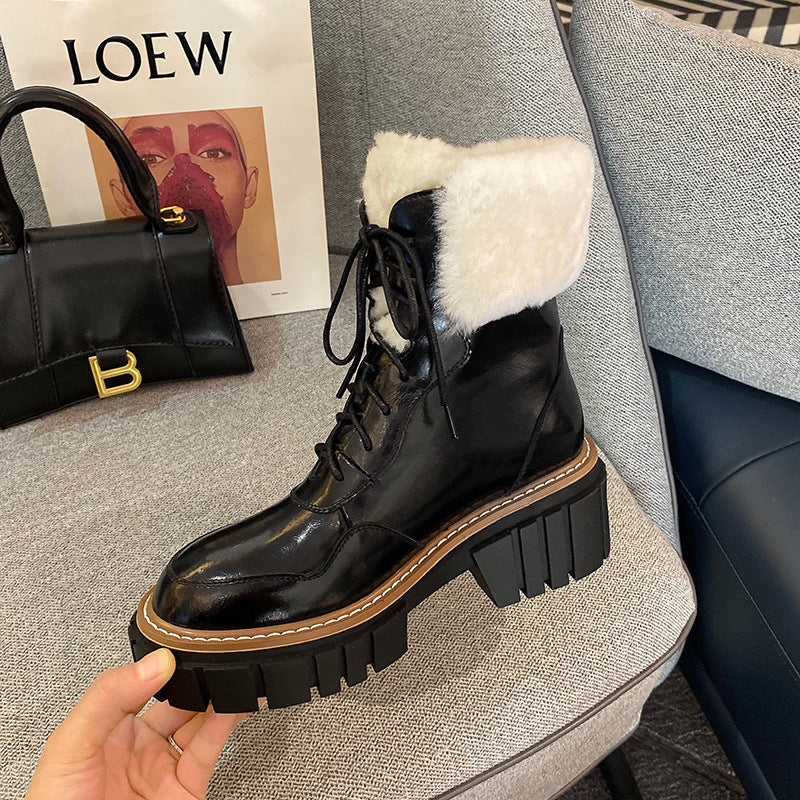 Women's Thick Sole Leather Wool Beige Snow Boots Women's Shoes | Ectron Online