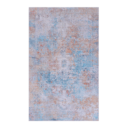 Blue, orange, and beige abstract rectangular area rug, pattern close-up