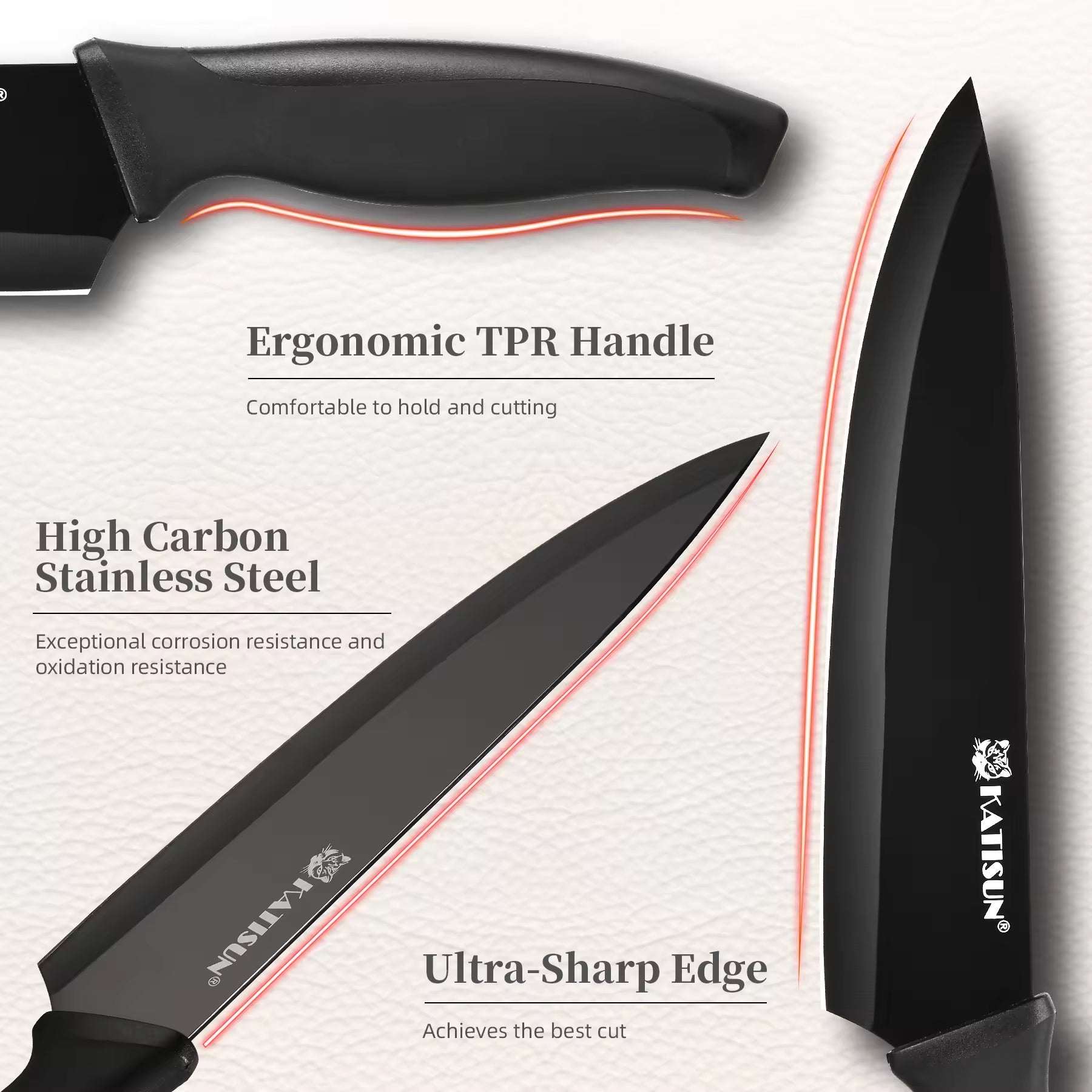 Black kitchen knives with ergonomic TPR handle and high-carbon stainless blades