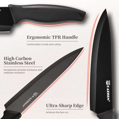 Black kitchen knives with ergonomic TPR handle and high-carbon stainless blades