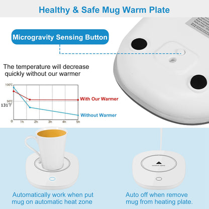 White mug warm plate with microgravity sensing buttons and heat-up timer graph