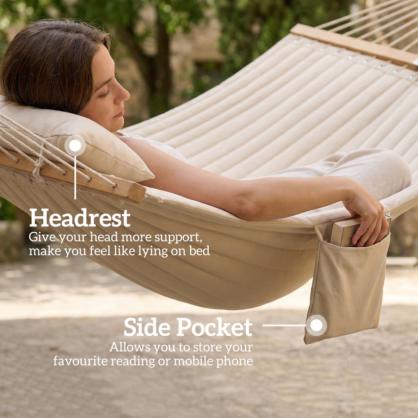 Cream hammock with pillow headrest and side pocket, cushioned fabric surface