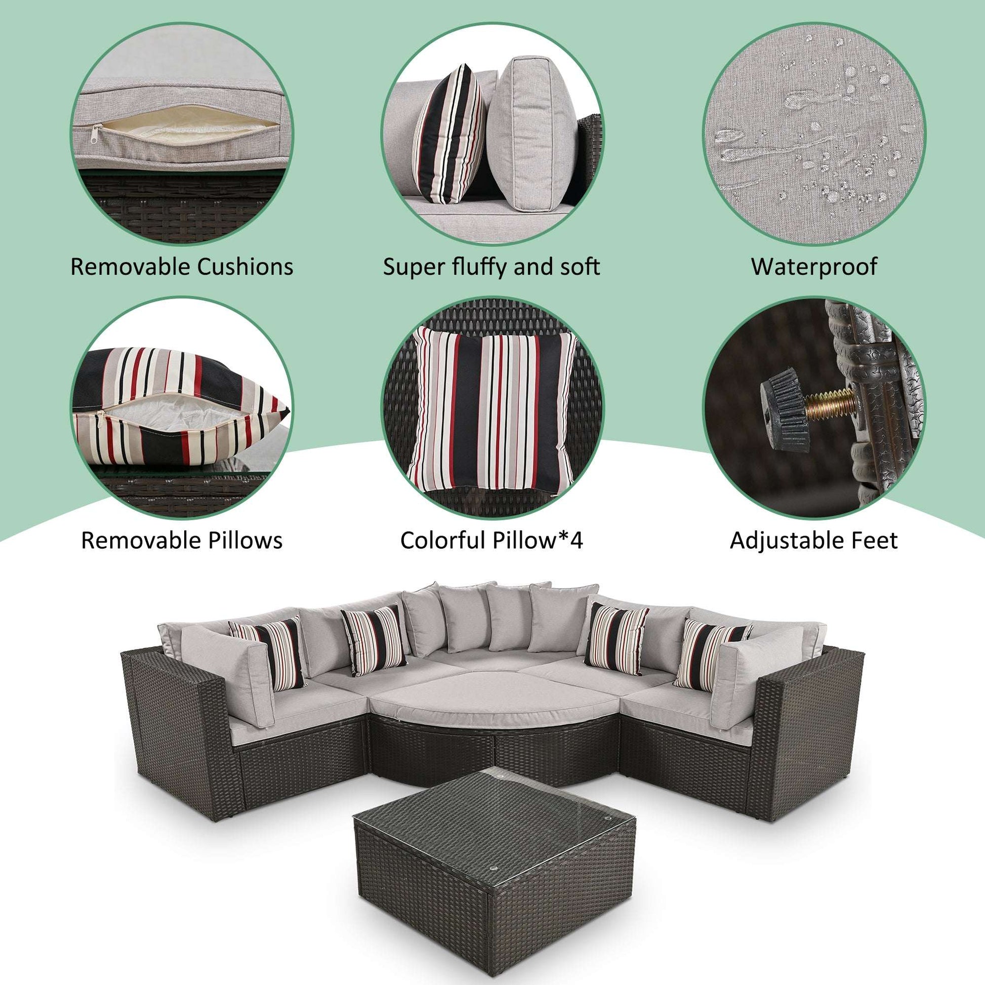 Outdoor wicker sofa set features: removable cushions, waterproof, adjustable feet, 4 pillows