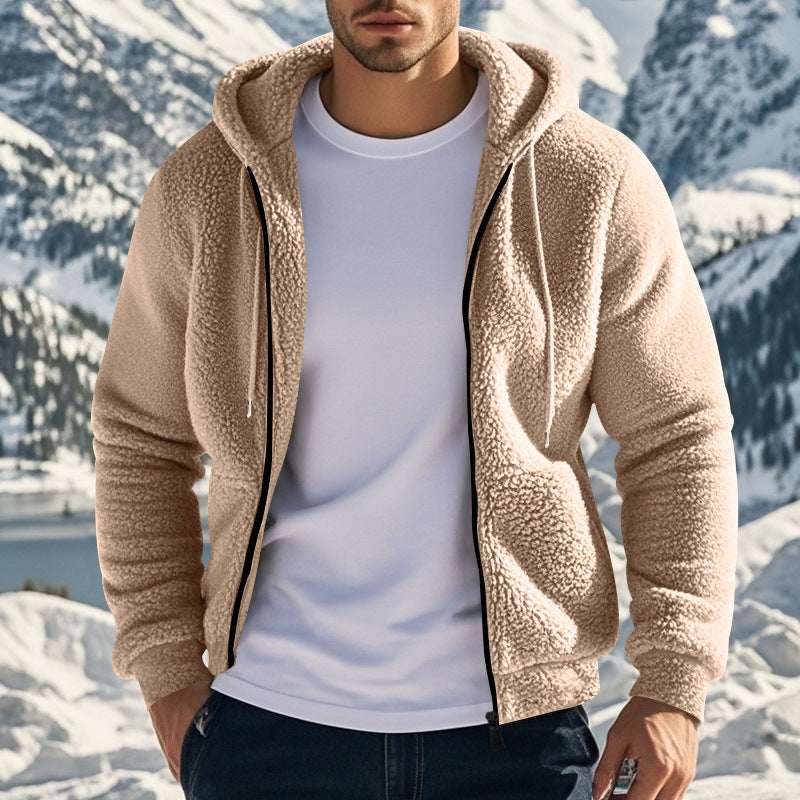 Khaki sherpa fleece zip hoodie with front pockets