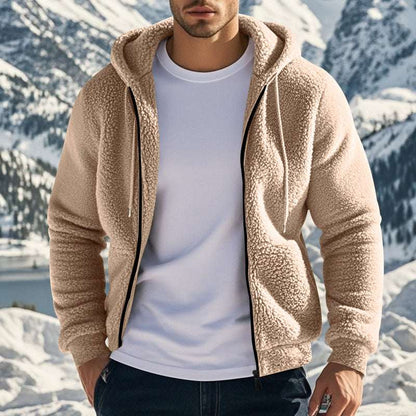 Khaki sherpa fleece zip hoodie with front pockets