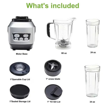 Blender motor base with clear 60 oz jar, cups, cross blade, and multiple lids