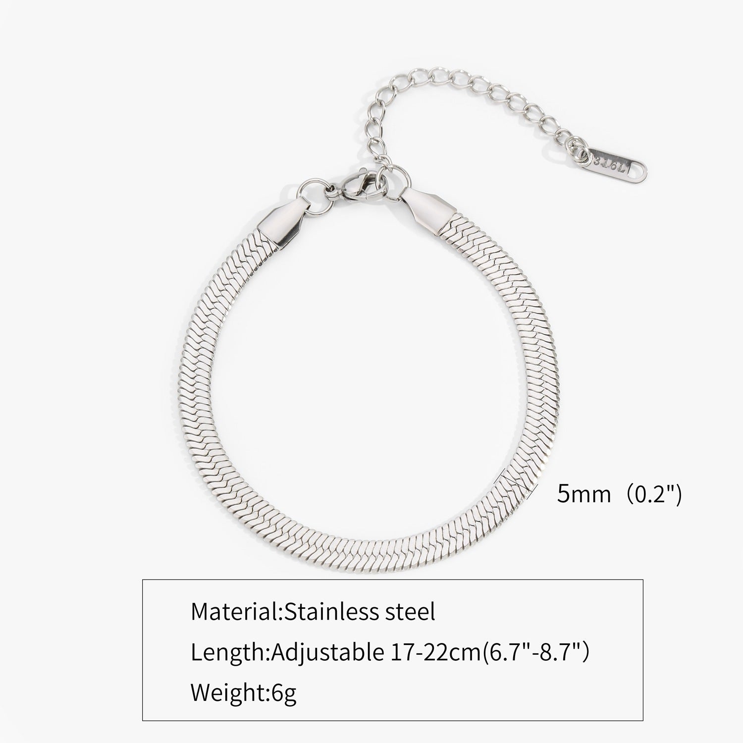 Flat snake chain bracelet in stainless steel, adjustable with clasp and extender, 5mm