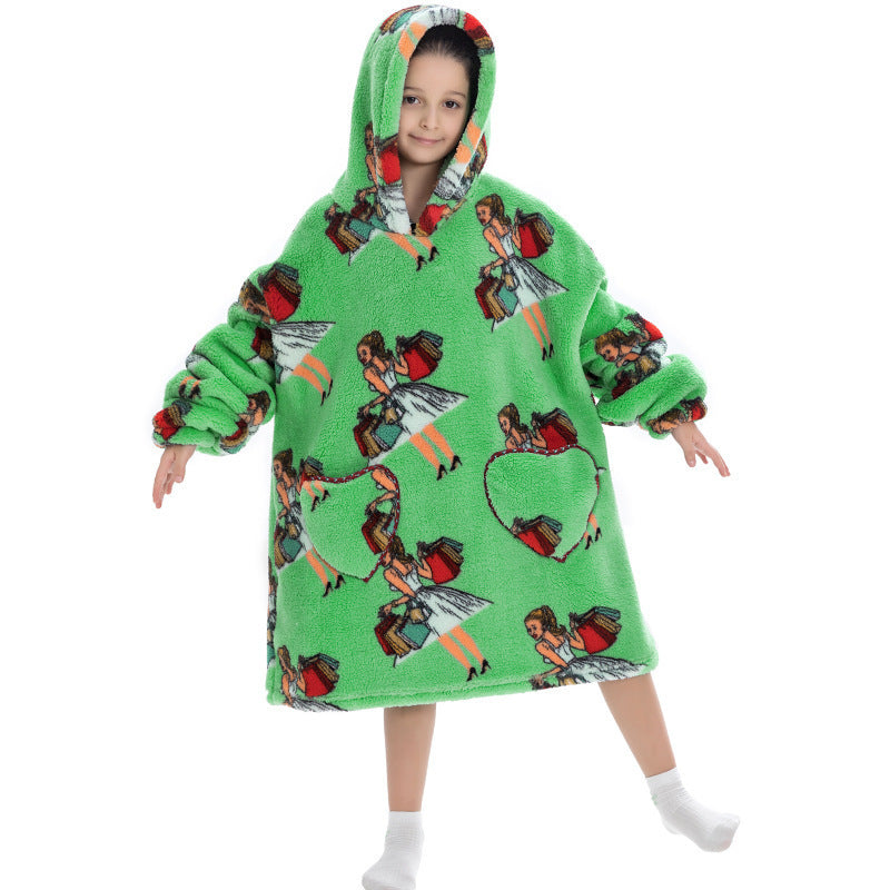 Kids' oversized thermal sweatshirt with green backdrop and multicolor character print, hooded