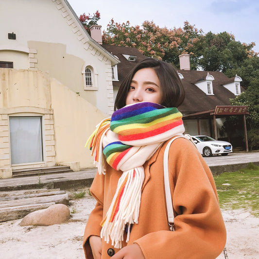 Rainbow Double Sided Scarf Women's Cashmere Tassel