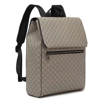 Beige textured backpack with flap closure, front zipper pocket, and two shoulder straps