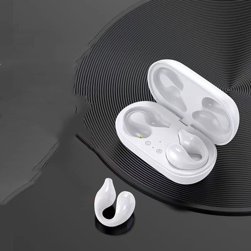 White bone conduction ear-clip headphones with open charging case and earbuds