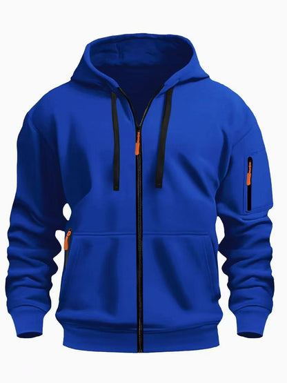 Men's zip-up hooded sweatshirt in royal blue with drawstring hood and zip pocket sleeve