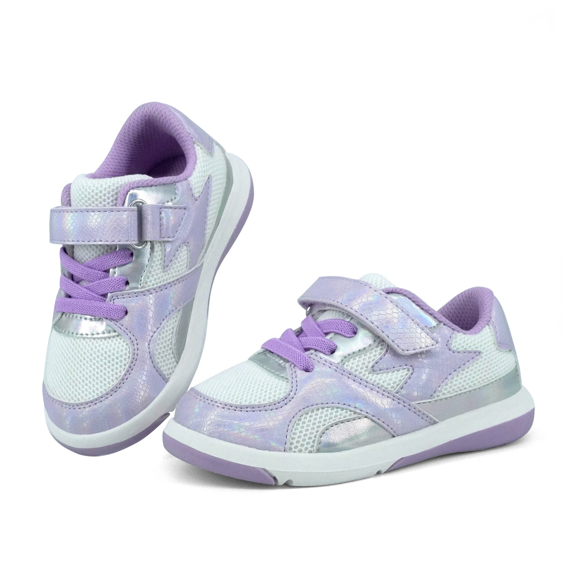 Pastel purple and light blue children's sneakers with Velcro strap and laces