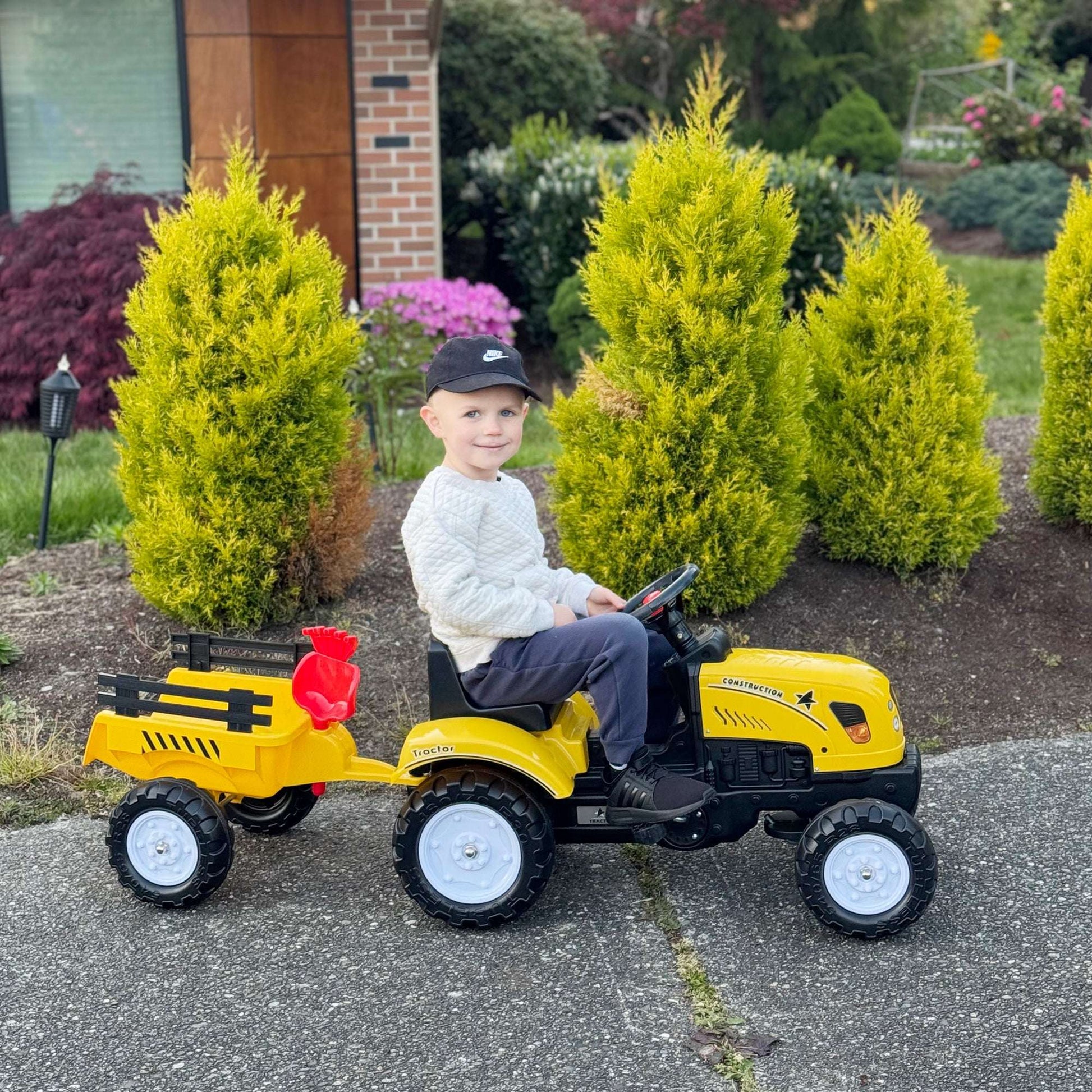 Kids Ride-On Tractor with Trailer & Garden Tools - Yellow Pedal Kart Kids Ride on Tractor with Back Trailer, | Ectron Online