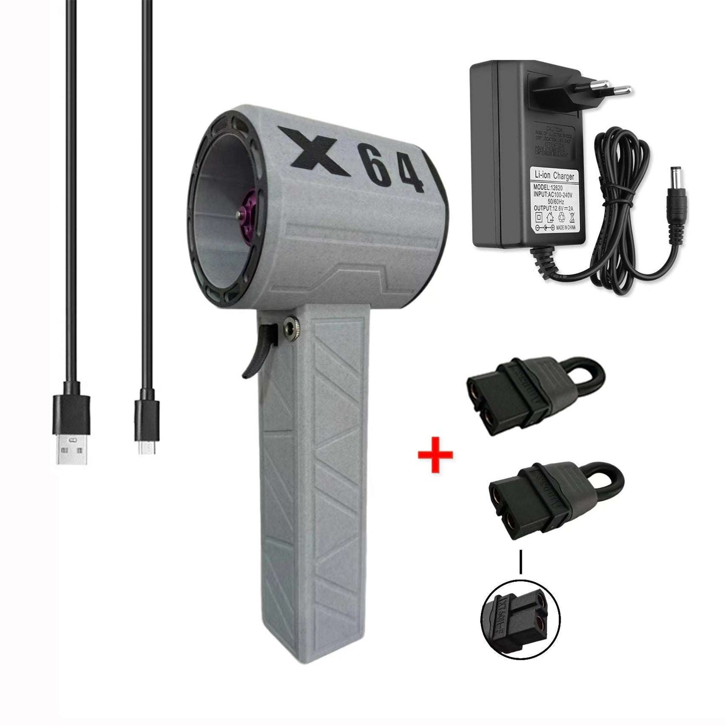 Gray handheld device with 'X 64' branding, power adapter, and additional attachments on a white background.