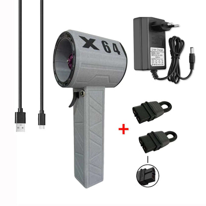 Gray handheld device with 'X 64' branding, power adapter, and additional attachments on a white background.