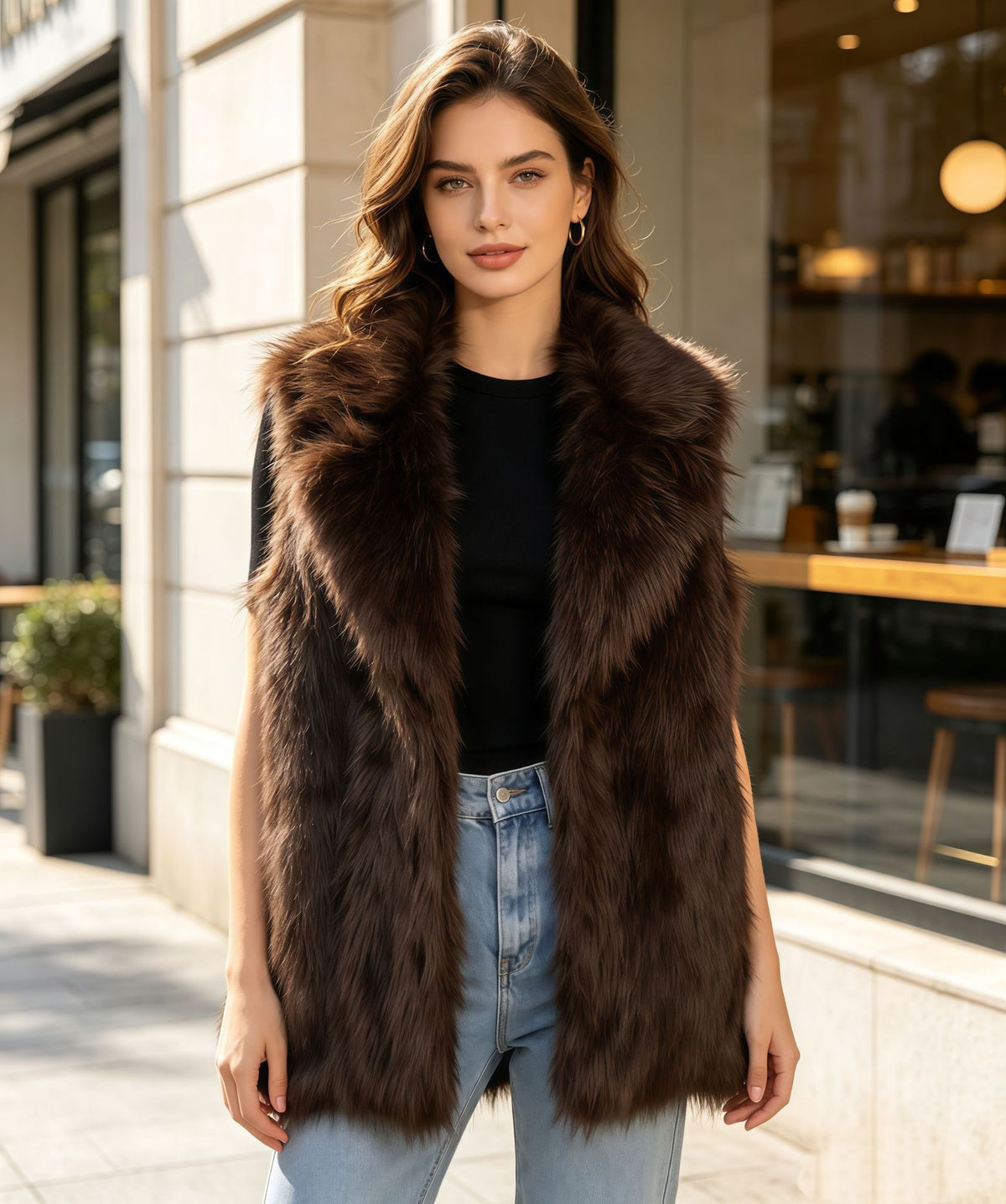 Dark brown faux fur waistcoat vest with oversized suit-collar, sleeveless