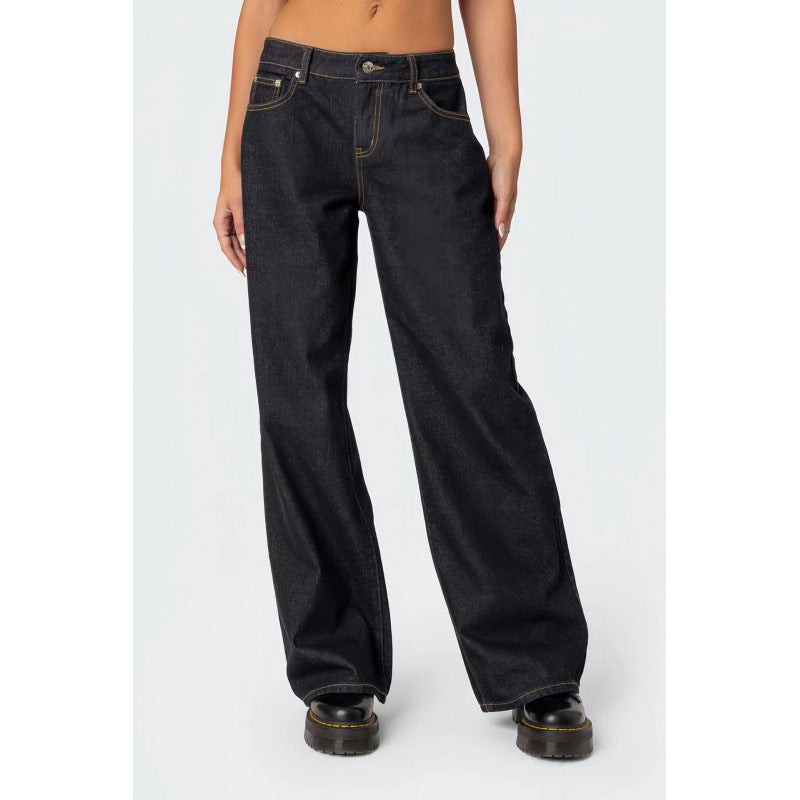 High-waisted wide-leg mopping jeans in black denim, front pockets and wide straight legs
