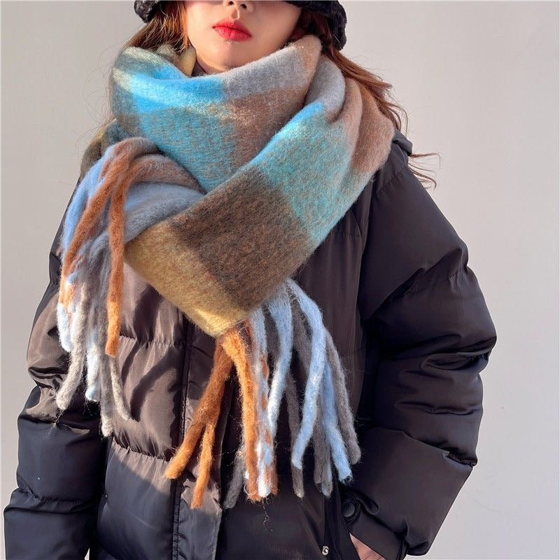 Women's Rainbow Plaid Tassel Scarf | Colorful Color-Block Winter Shawl