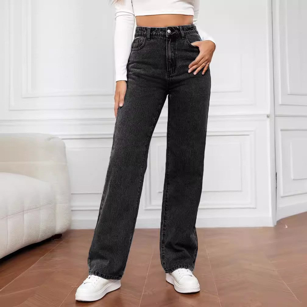 Women's Mid-Waist Washed Straight Jeans Washed Fashion Straight Jeans Women's Mi | Ectron Online